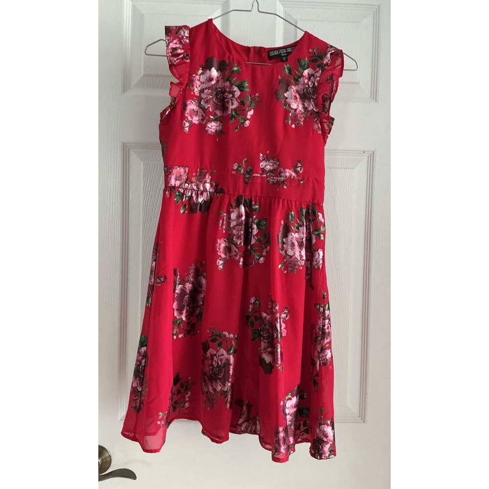 Three Pink Hearts by Trixxi Girls Size 12 Red Floral Dress Ruffle Sleeve Lined